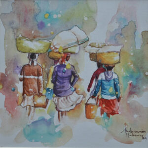 Femmes malchaches portant des marchandises, aquarelle d'Andrianaivo Mahenina
