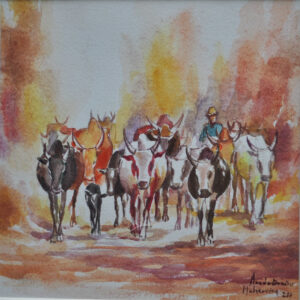 Groupe de zebus et leur meneur, aquarelle d'Andrianaivo Mahenina