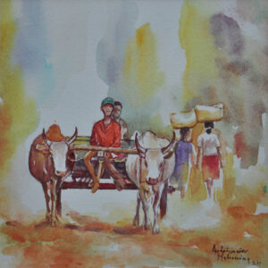 Charette avec deux zebus, aquarelle par Andrianaivo Mahenina