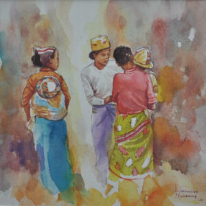 Trois femmes malgaches avec enfants, aquarelle par Andrianaivo Mahenina