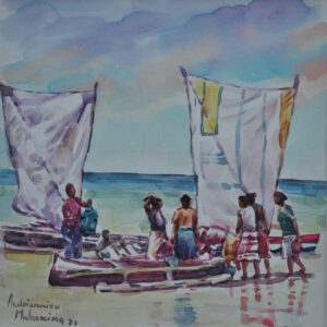 Femmes malgaches à la plage avec bateaux de pêche, aquarelle par Anrianaivo Mahenina