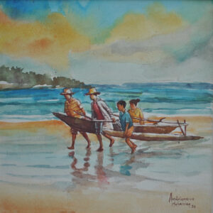 La sortie de l'eau de la pirogue, aquarelle par Andrianaivo Mahenina