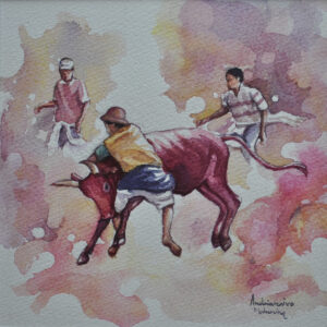 Garçons jouant avec jeune zebu, aquarelle d'Andrianaivo Mahenina