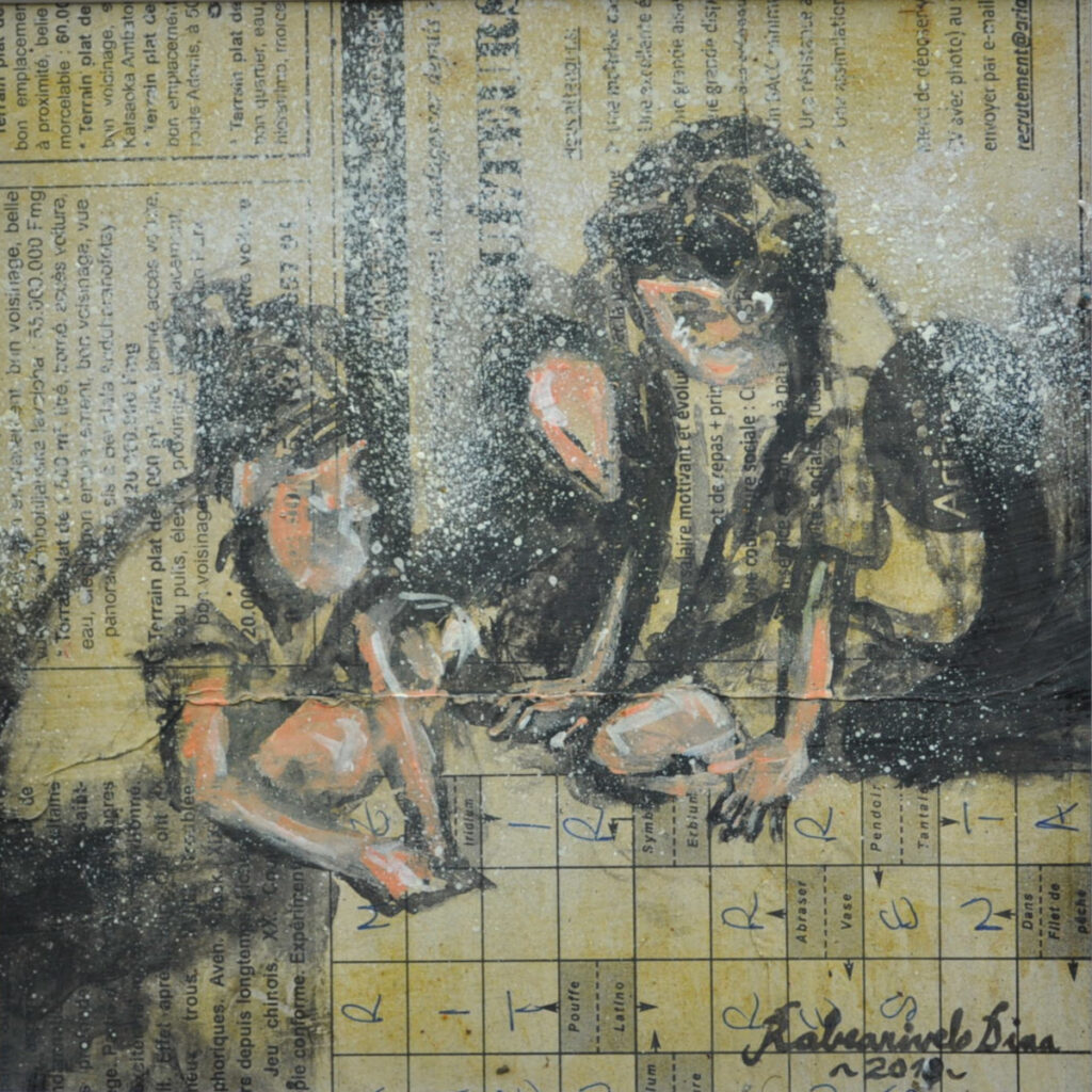 Enfants assis sur mots croisés, peinture de Dina Rabearivelo